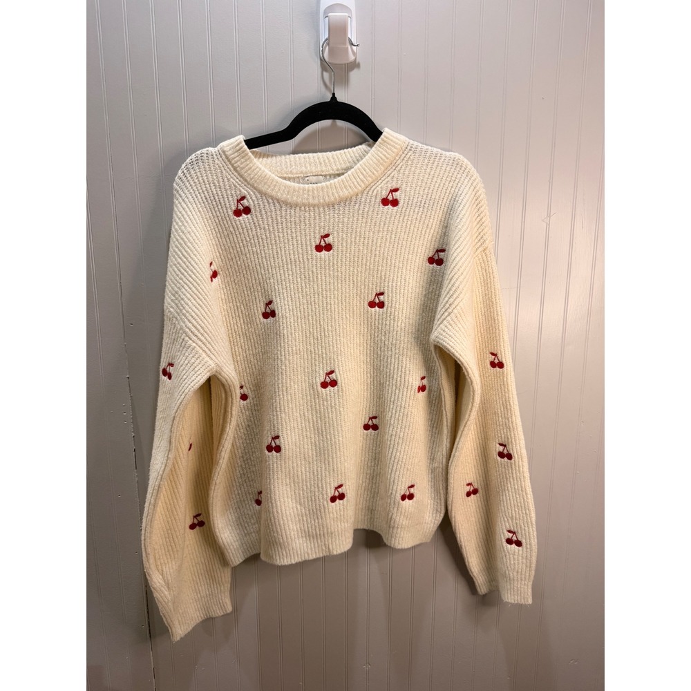 A New Day Cream Ribbed Knit Cherry Embroidered Crewneck Sweater Womens Medium